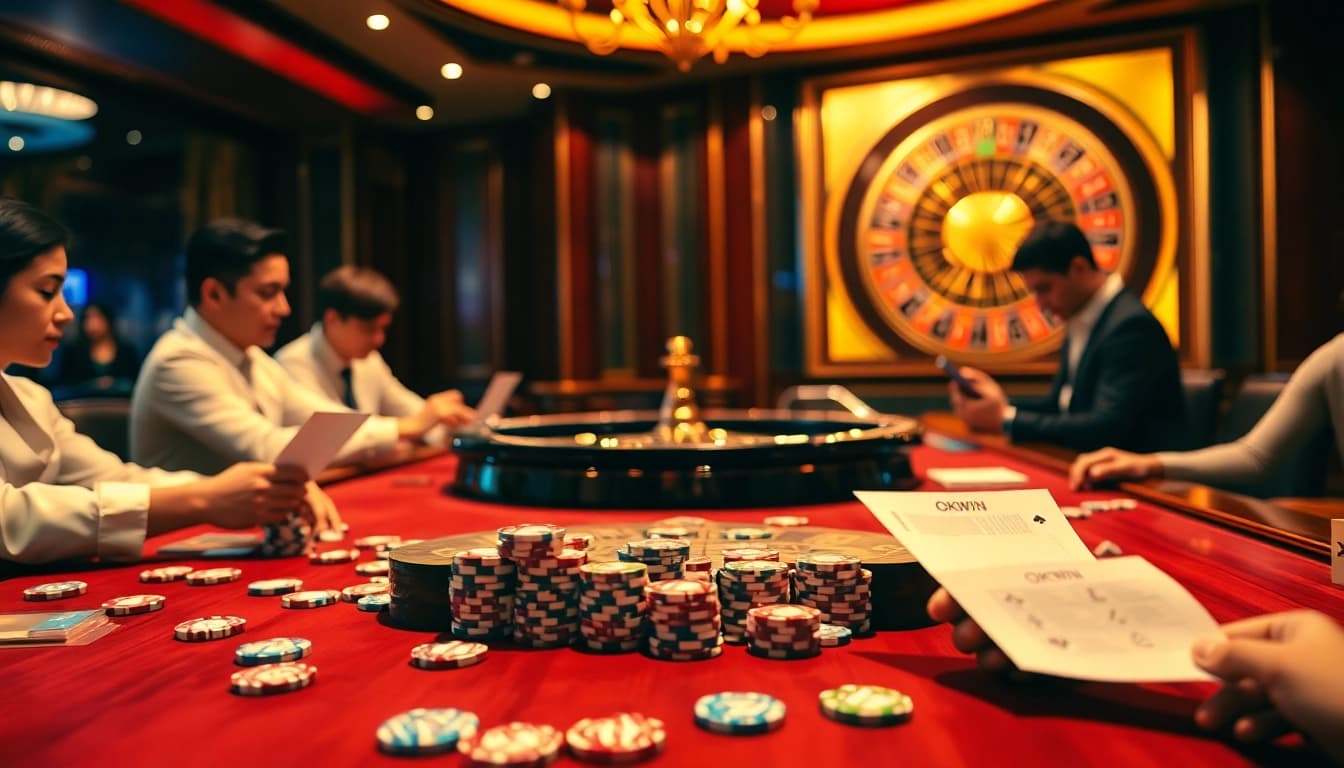 Experience the excitement of Okwin game at a vibrant casino table with players and betting slips.