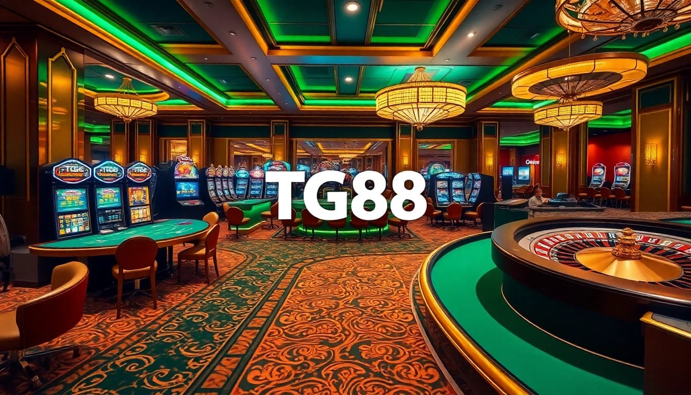 Experience TG88 gaming excitement at a lavish casino with poker and slot machines.