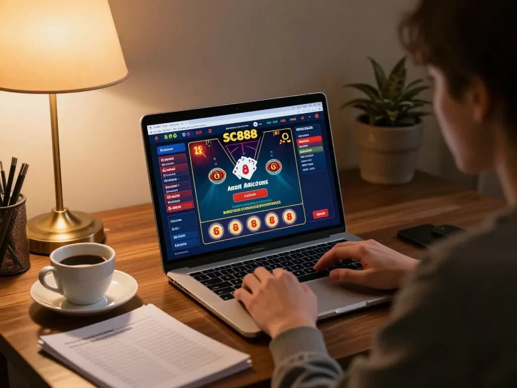 Engaging SC888 player strategy at home with laptop showing live dealer game