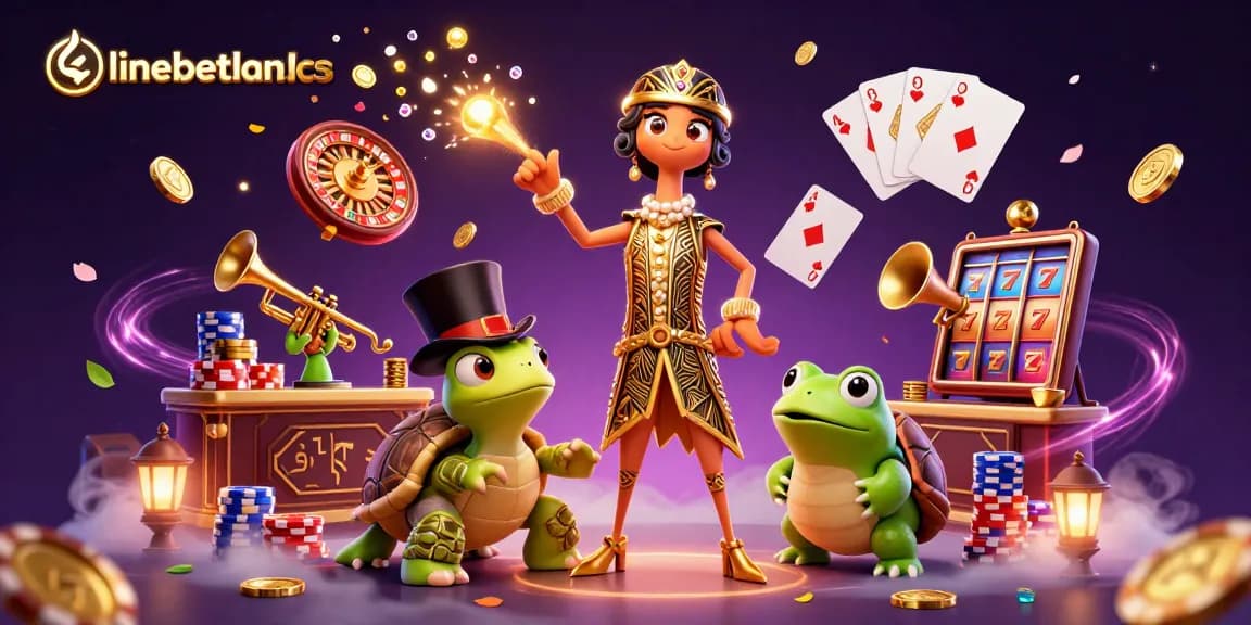 Experience the excitement of linebetbangladesh with golden coins, dynamic characters, and casino elements in a 3D illustration.