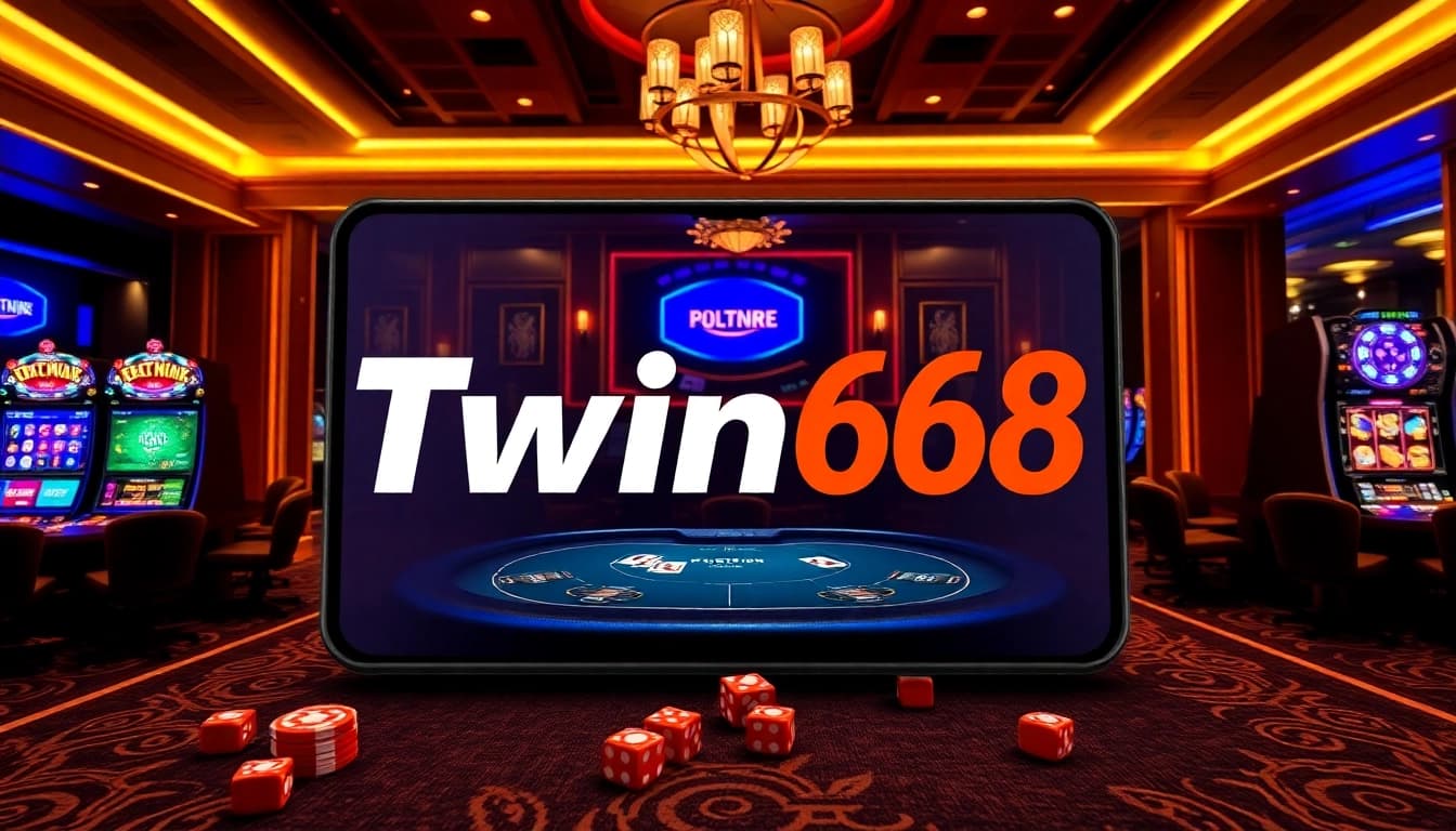 Experience online gambling with Twin68 apk showcasing vibrant slot machines and poker tables.