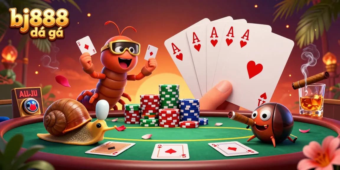 Engage with the thrilling world of bj888 đá gà as animated characters create a vibrant poker scene filled with multi-colored chips.