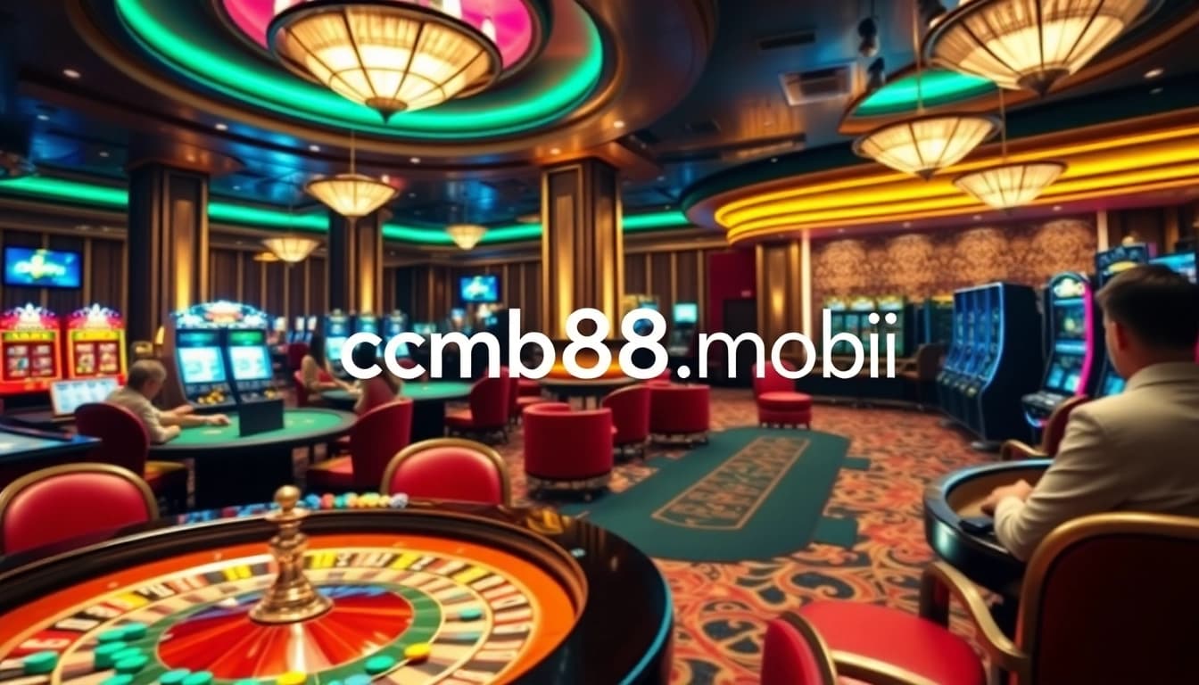 A vibrant casino scene depicting players enjoying cm88.mobi with poker tables, roulette wheels, and bright slot machines.