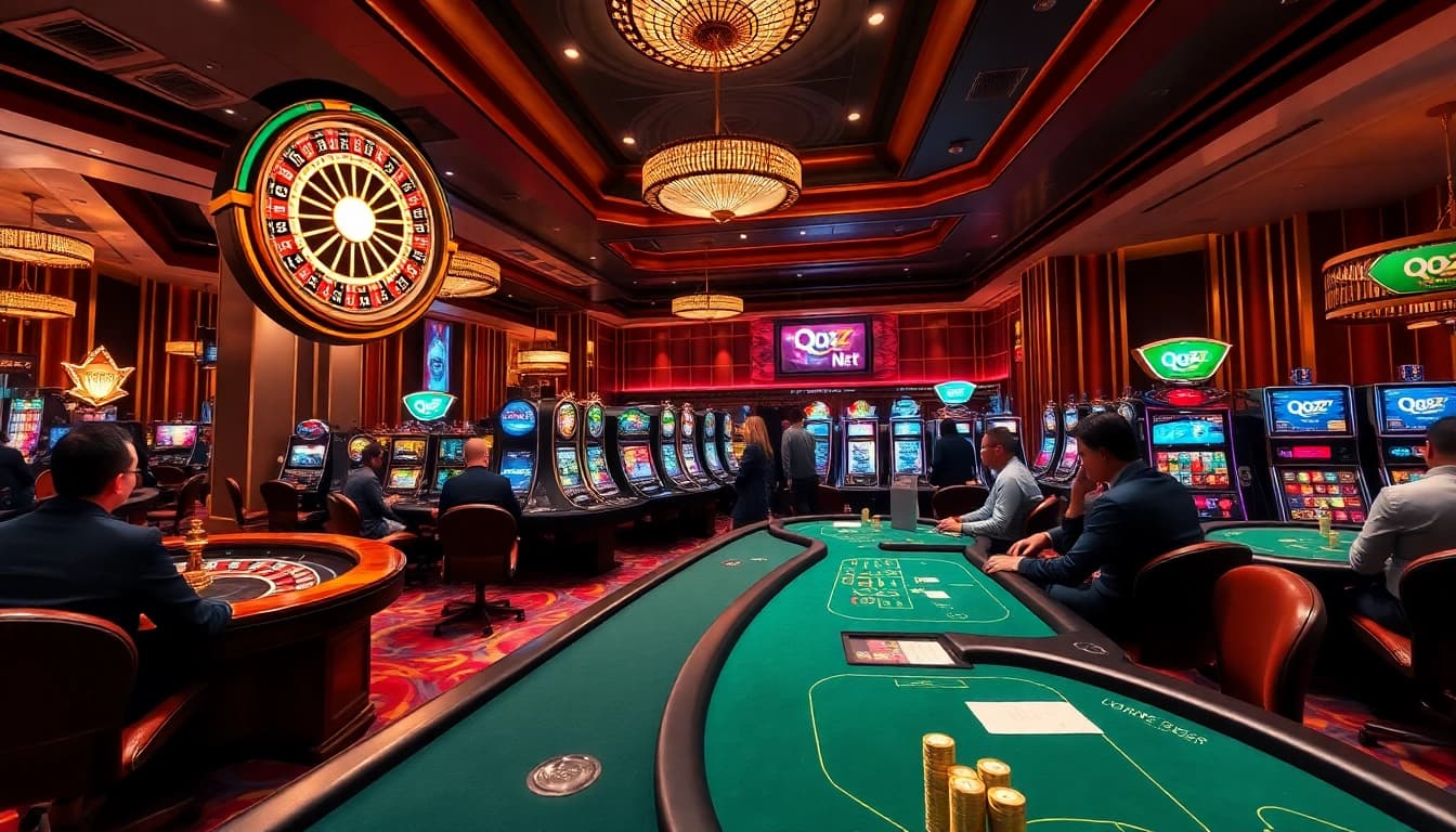 Engaging casino scene showcasing QQ88z Net with players at poker and roulette tables.