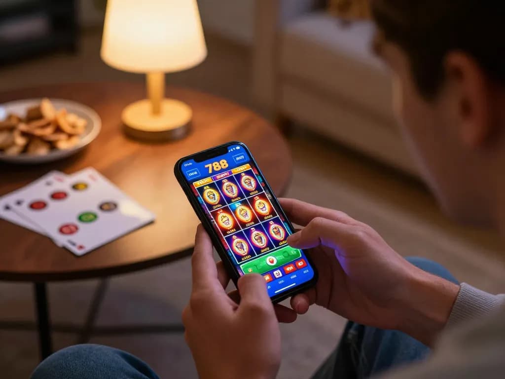Engaging online casino experience with v788 app viewed on smartphone, showcasing vibrant casino gameplay.