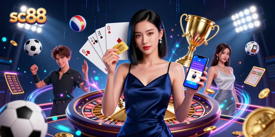 Experience thrilling gameplay at sc88 with an elegant woman showcasing a casino app and a golden chip.