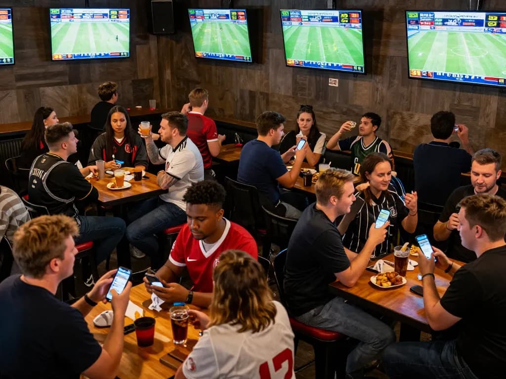 Fans placing bets on 789win1 at a lively sports bar, showcasing excitement and strategic decision-making.