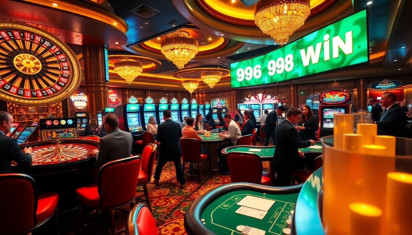 Experience the thrill of 98 win with exciting casino visuals, including roulette wheels and poker tables.