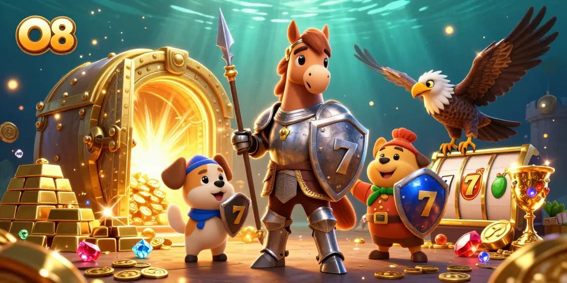 Engage with the O8 fantasy casino adventure featuring a knight, puppy squire, and falcon amidst treasures.