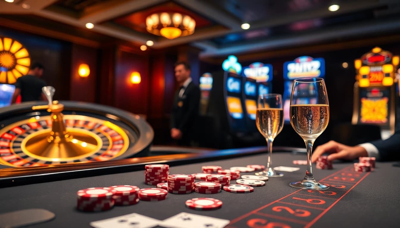 KJC gamers engaging in a vibrant online casino atmosphere filled with poker chips and roulette.
