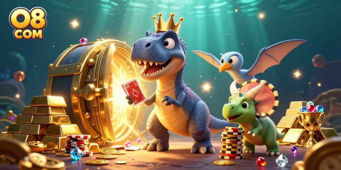 Experience the thrilling world of O8 COM with a cartoon dinosaur card player and vibrant casino elements.