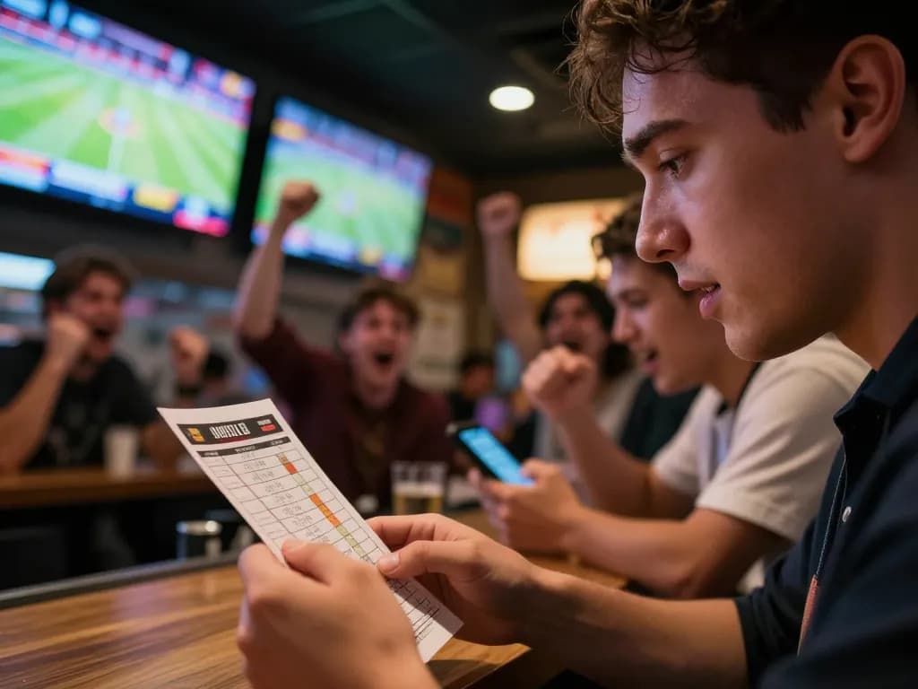 In a vibrant sports bar, a bettor experiences the thrill of thể thao mb66, focused on live betting.