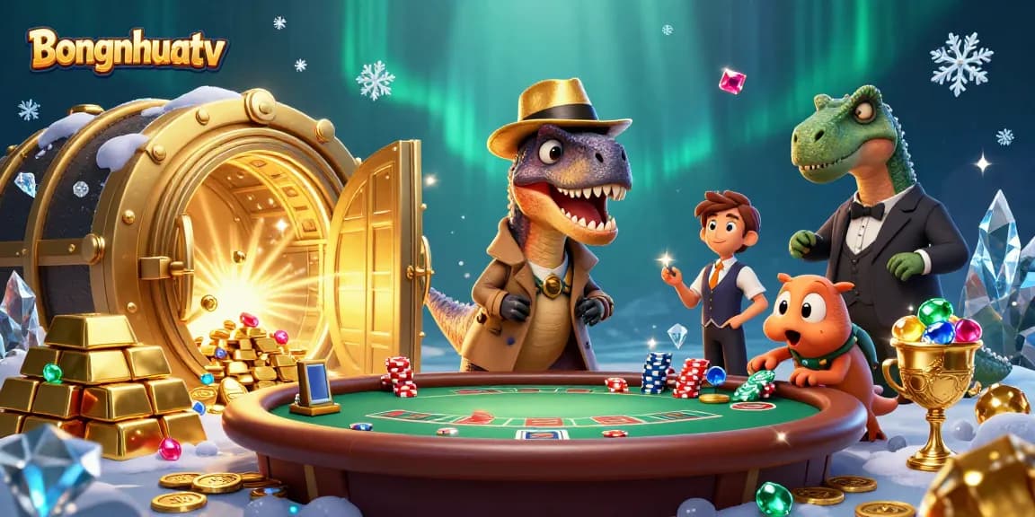 Bongnhuatv showcases a velociraptor card counter in a dramatic casino scene, surrounded by gold and gems.