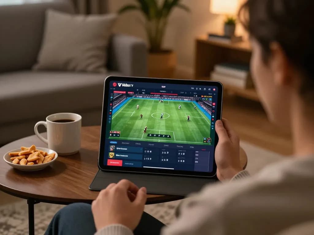 Person enjoying online sports betting with Vebo TV interface displayed on their tablet in a cozy living room.