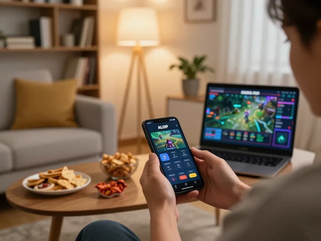 Player using ALO8 VIP smartphone app in a cozy home setting, enjoying online gambling.