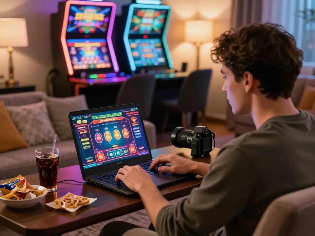 Excited player engaging with NK88 online casino games in a vibrant home setting, showcasing the thrill of gambling.