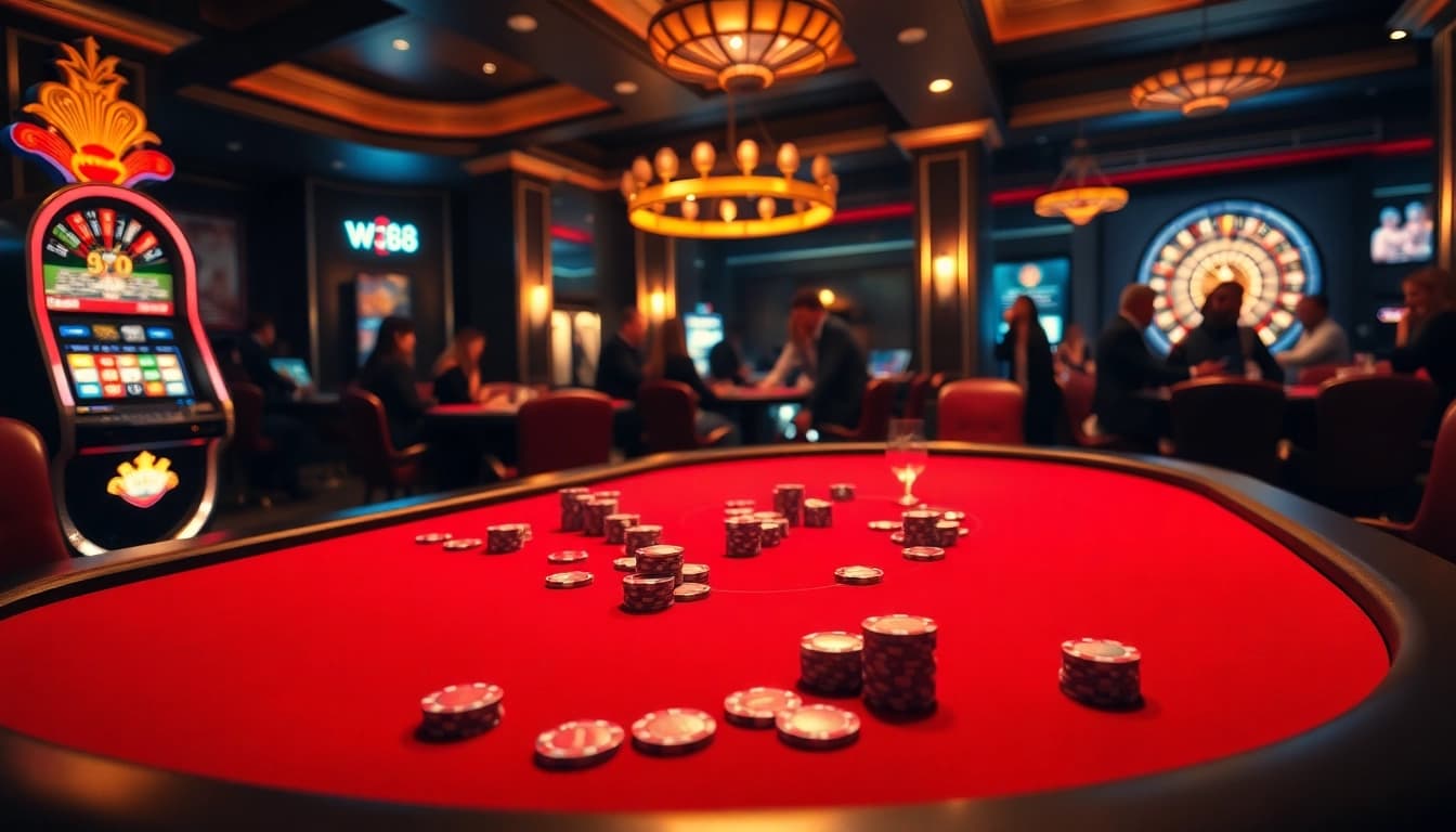 Experience thrilling gameplay at W188's luxurious casino with vibrant poker tables and slot machines.