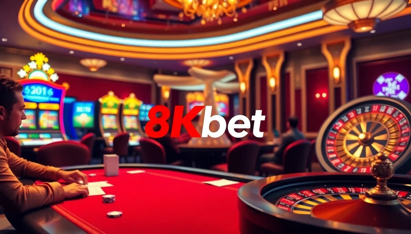 Experience thrilling wins at 8kbet with a luxurious casino ambiance featuring poker tables and slot machines.