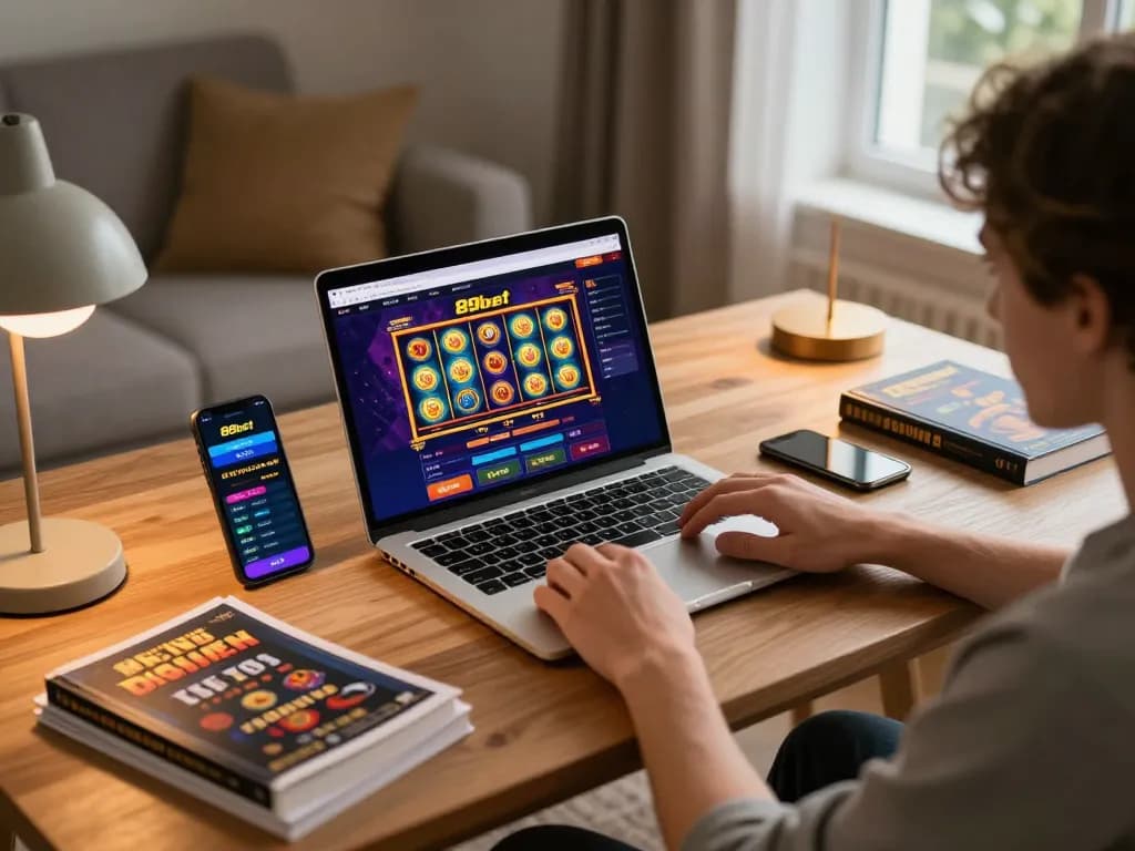 Player engaging with 89bet online slots at home, showcasing vibrant gaming interface and cozy atmosphere.