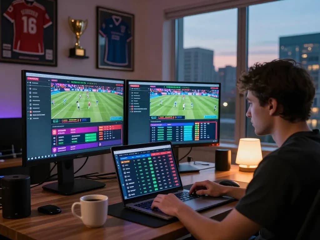 Engaged user exploring link 1gom for online betting updates in vibrant home office setting