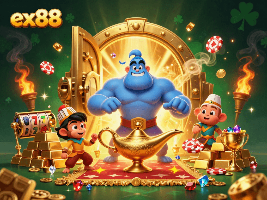 Engage in ex88 gaming excitement with a vibrant 3D casino illustration featuring a genie and treasures.