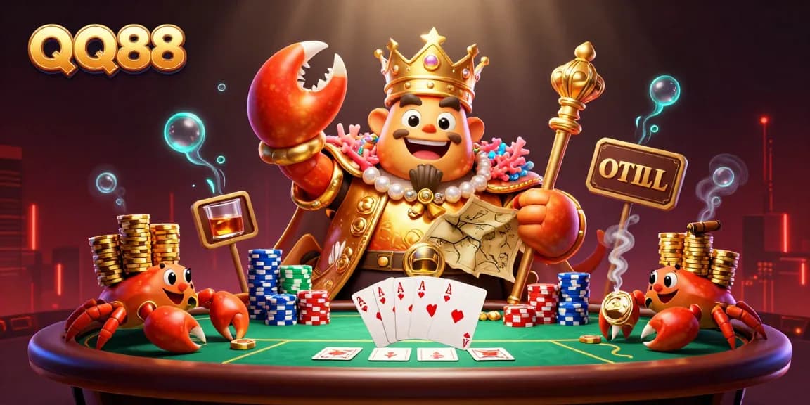Engage with QQ88's vibrant casino universe through a captivating scene featuring a golden crab emperor and poker elements.