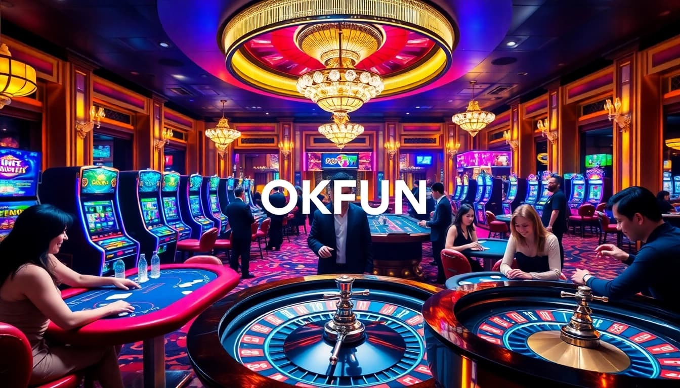 Experience the thrill of gaming at OKFUN's vibrant casino atmosphere filled with poker chips and slot machines.