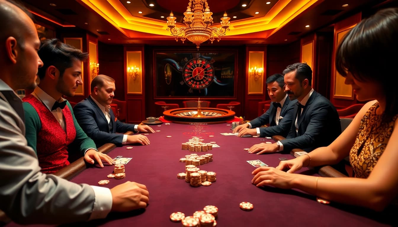 Players strategizing at a high-stakes poker table at XX 88 casino.