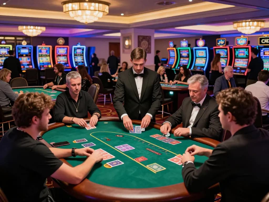 Players engaging in strategic gameplay at a blackjack table in FC88 casino, vibrant casino atmosphere.