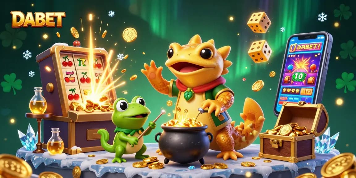 DABET animated scene featuring a golden salamander alchemist and a golden jackpot explosion.