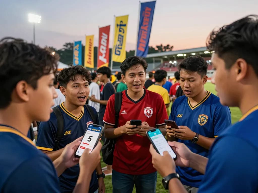 Excited fans checking tỷ lệ kèo nhà cái 5 while cheering for their teams in a vibrant sports bar.