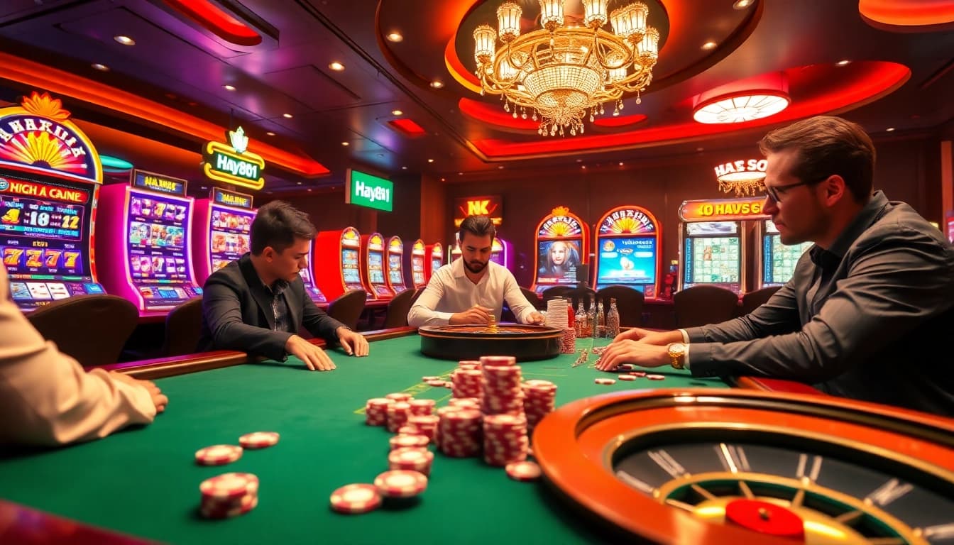 Engaged players at a Hay881 casino table enjoying strategic gameplay amidst vibrant slot machines.