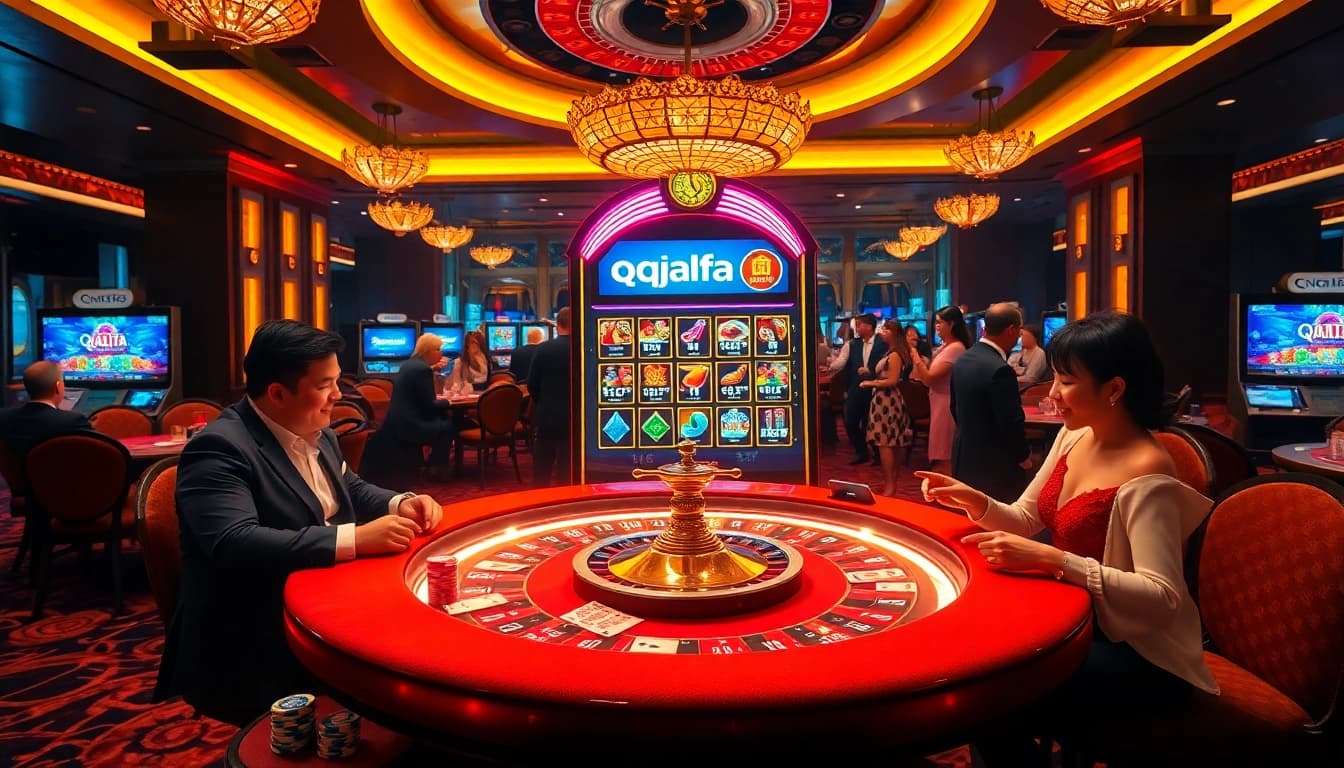 Experience the thrill of winning at qqalfa's vibrant slot machine in a luxurious casino setting.
