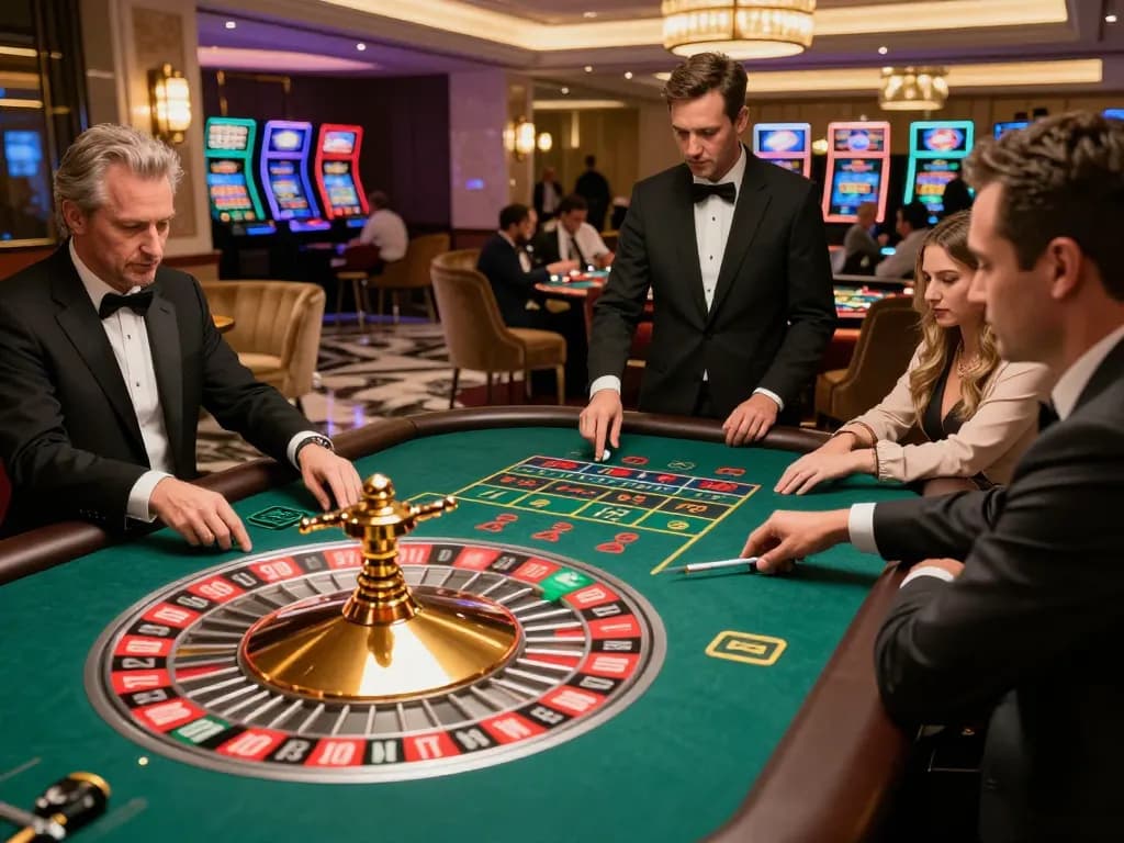 Nohu90 casino scene with players excitedly betting on roulette during an upscale gaming experience.