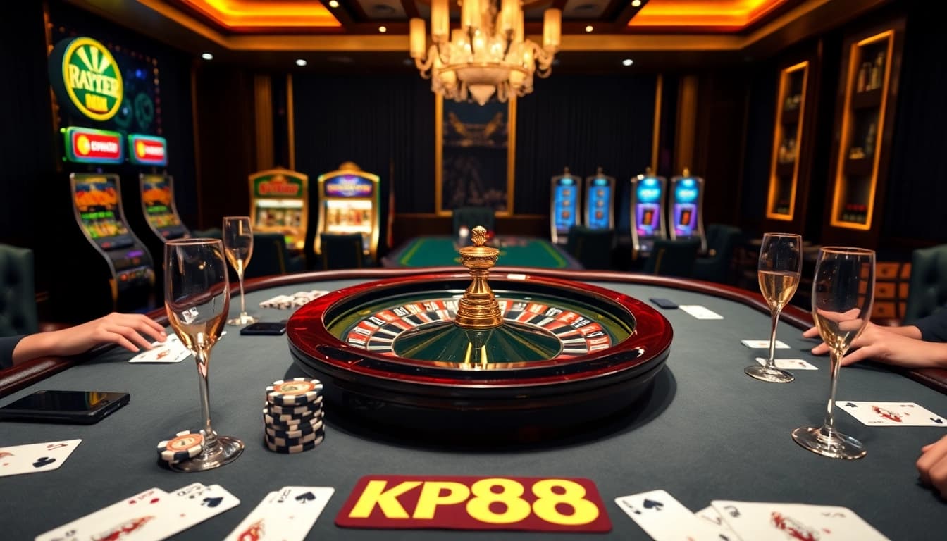 Experience excitement at KP88's luxurious casino with a vibrant poker table and slot machines.