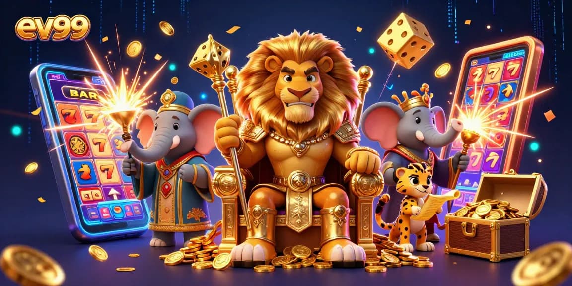 Experience the excitement of ev99 with a dynamic casino illustration featuring a winning lion, wise elephant, and speedy cheetah.
