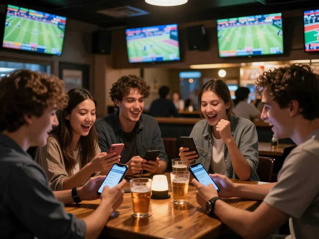 Engaged friends placing bets on nk88 during a live sports game at a lively bar.
