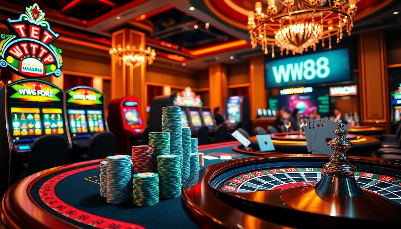 ww88 casino table with vibrant poker chips and colorful slot machines.