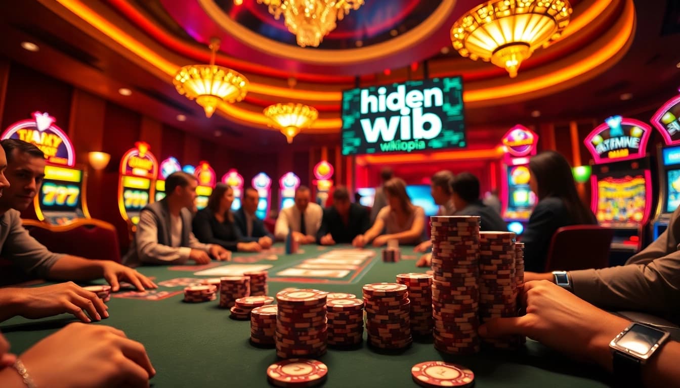 Players enjoying poker at a lively casino with hints of hidden wiki wikipedia elements in the background.
