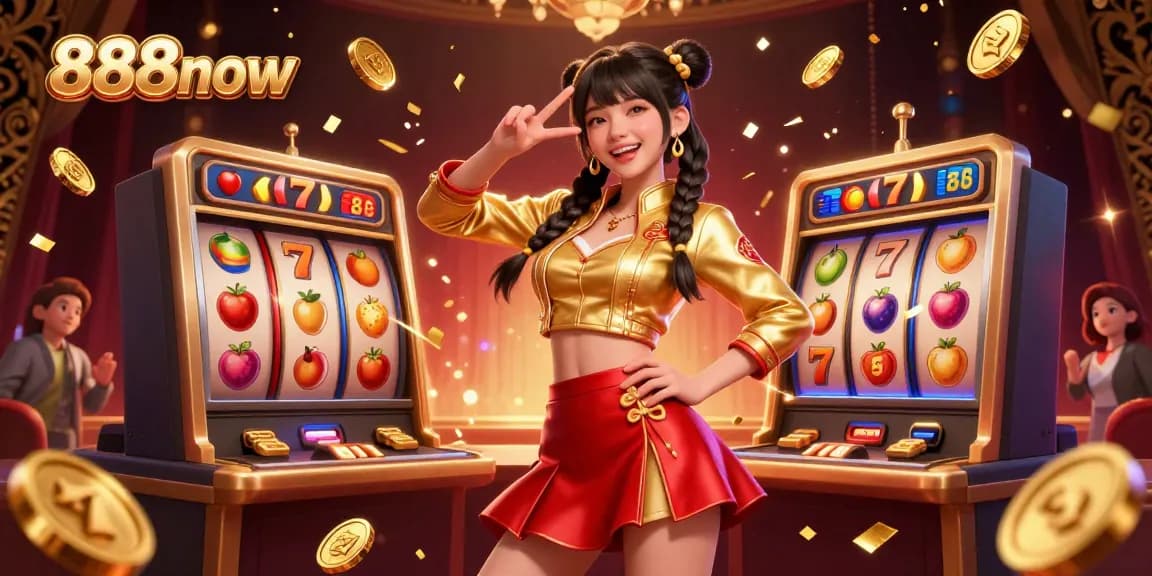 Experience vibrant wins at 888now with colorful slot reels and a joyful character.