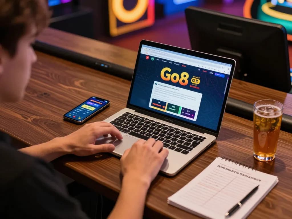 Engaging in online gaming at Go8 while analyzing strategy notes for better odds.