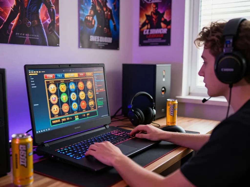 Player enjoying TG88 đăng nhập experience in a colorful home gaming setup with laptop showcasing slots and sports betting.