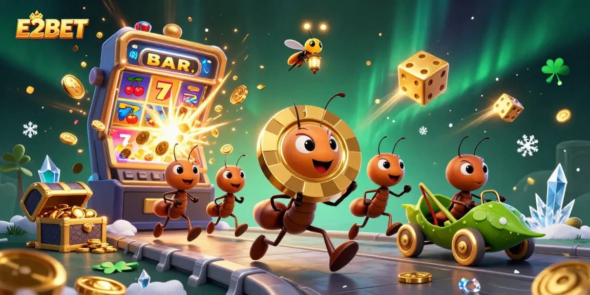 Experience thrilling gameplay with E2BET as ants escape with a giant poker chip in a vibrant casino scene.