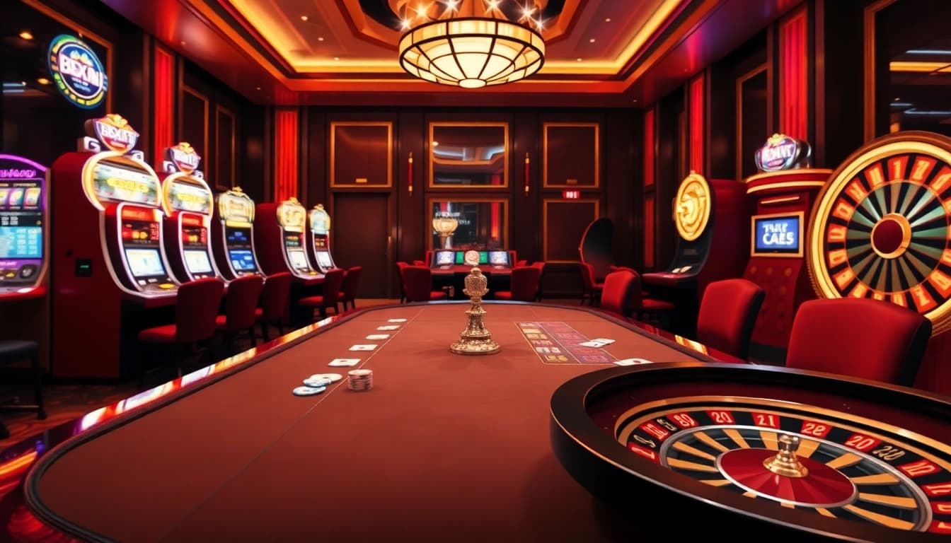 Players enjoy their gaming experience at trang chủ 69vn casino, featuring poker tables and slot machines.