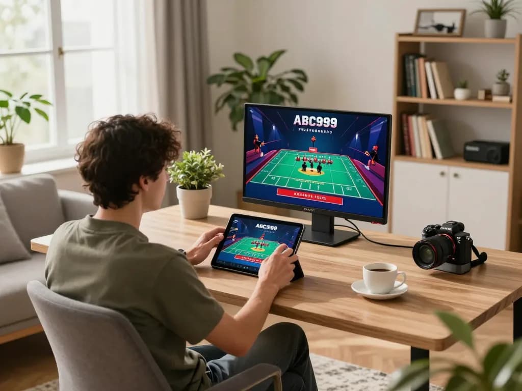 Engaging gameplay on the ABC999 plataforma with live dealer game on tablet, showcasing a modern home setup.