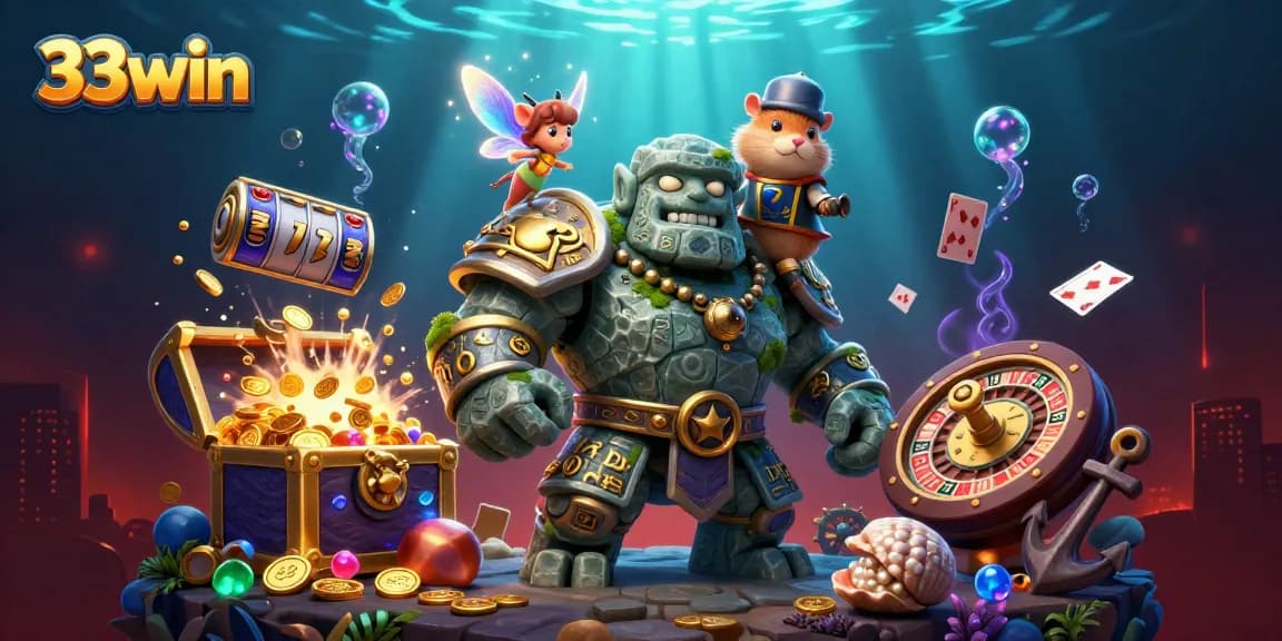 Engage with the vibrant 33win casino scene, featuring exciting slot reels and magical characters.