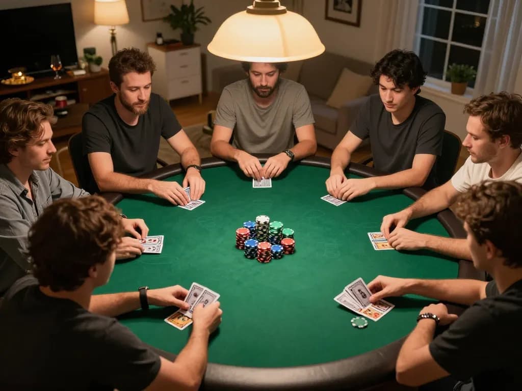 Players engaging in strategic poker gameplay at home in a cozy setting, showcasing vipwin2 experience with friendly competition.
