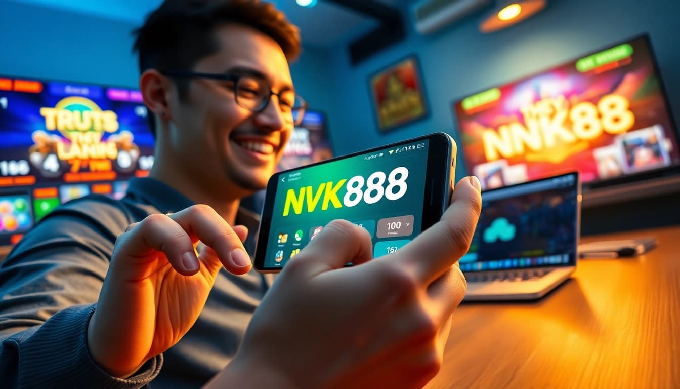 Exciting gaming experience with NK88 nhà cái app on a smartphone showcasing vibrant game graphics.