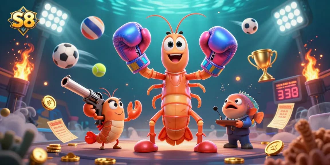 S8 sports betting illustration featuring a lively mantis shrimp and friends amidst dynamic game elements