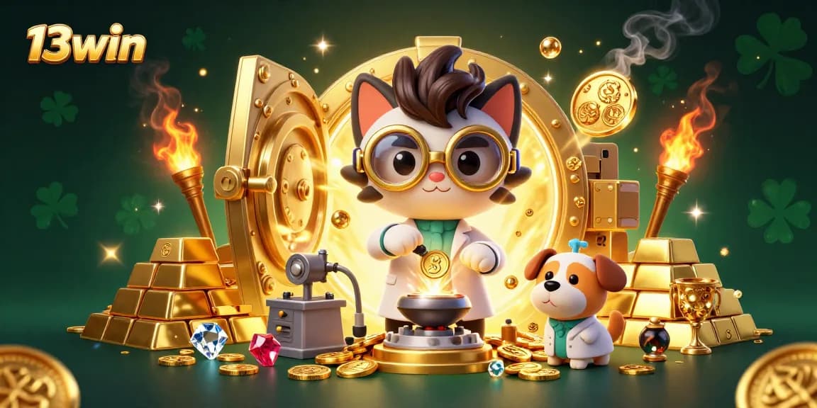 Experience thrilling wins at 13win with a mad scientist cat crafting gold in a rich casino scene.